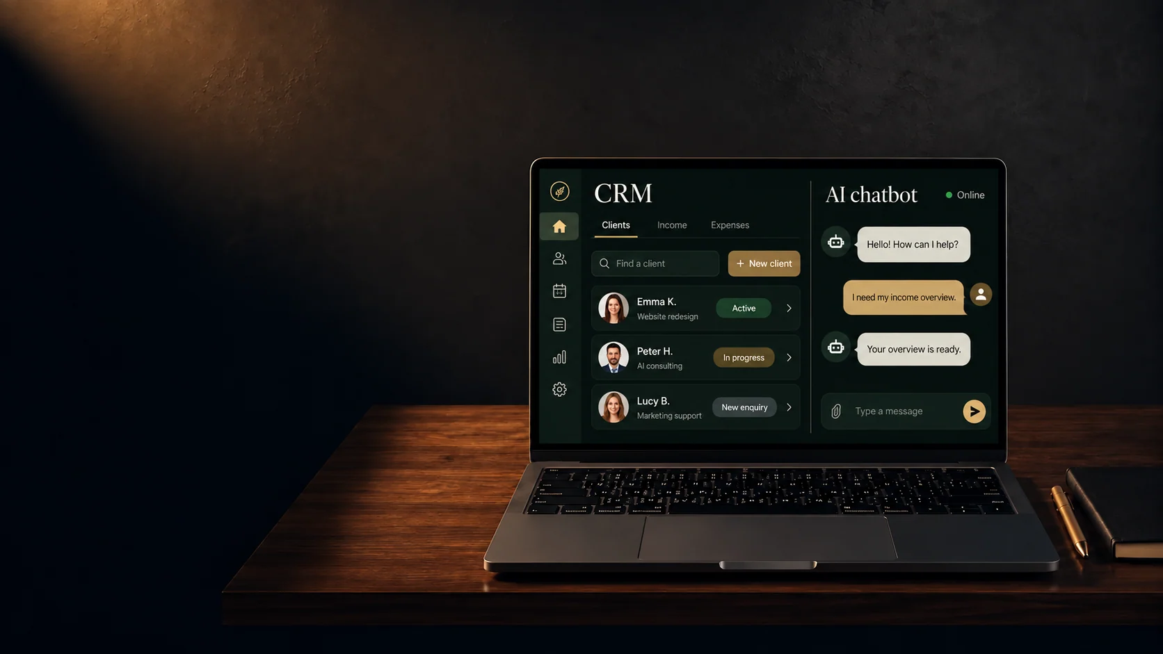 Laptop displaying CRM and an AI chatbot. Illustrative interface.
